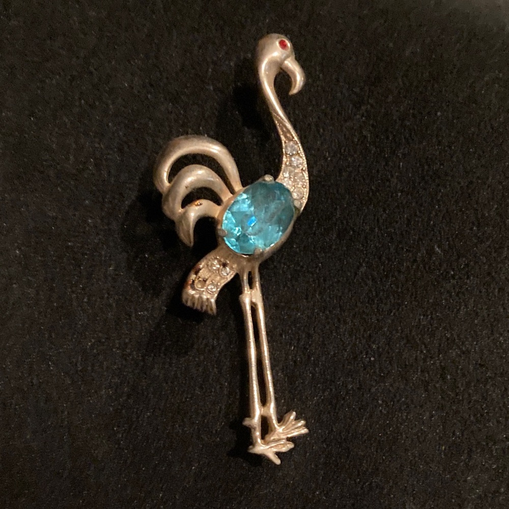 Vintage Flamingo Brooch with Blue Gem and red gem eyes